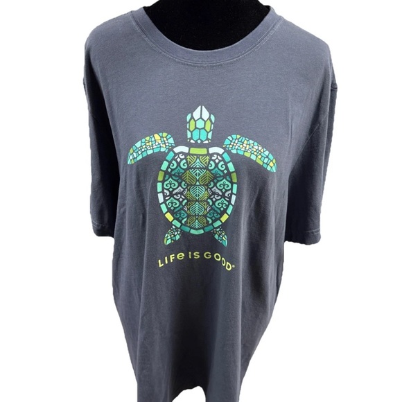 Life Is Good Large Mandala Turtle Crusher T Shirt Blue Travel Beach Summer Tee - Picture 2 of 10